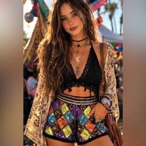 Y2K Festival Rave Disco Party Sparkle Glam Sequin Multicolor Geometric Shorts S